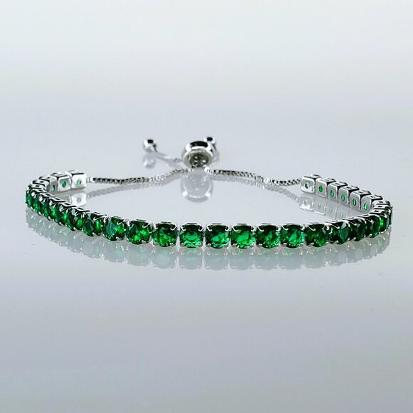 18K White Gold 2ct Green Emerald Womens Silver Gemstone Tennis Bracelet Jewelry